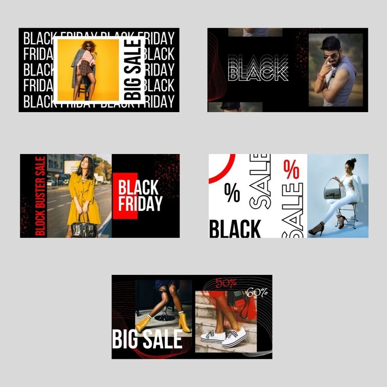 May include: Black Friday sale banner with red and black text. The banner features a variety of images, including a woman in a yellow coat, a man in a black shirt, and a woman in a white shirt. The text on the banner includes "Black Friday", "Big Sale", "Block Buster Sale", and "Sale".
