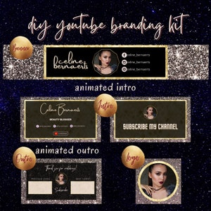 DIY YouTube-brandingkit met zwarte glitter, bewerkbaar op canvas | YouTube-kanaalafbeelding, YouTube-intro en outro, logo | YouTube-kanaalkit