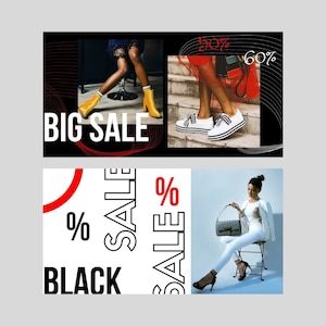 May include: Two images promoting a Black Friday sale. The top image shows a woman wearing yellow and black shoes with the text "BIG SALE" and "50% 60%". The bottom image shows a woman wearing white shoes and a white top with the text "BLACK SALE % % SALE".