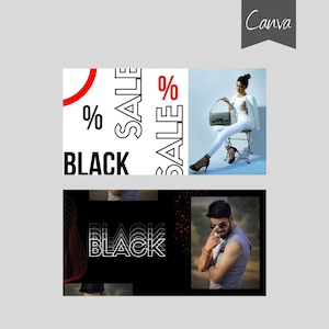 May include: Black Friday sale banner with the text "BLACK" and "SALE" in bold, white letters with a red percentage symbol. The banner is split into two sections, one with a woman wearing white jeans and a white jacket holding a black purse, and the other with a man wearing a grey tank top and sunglasses.
