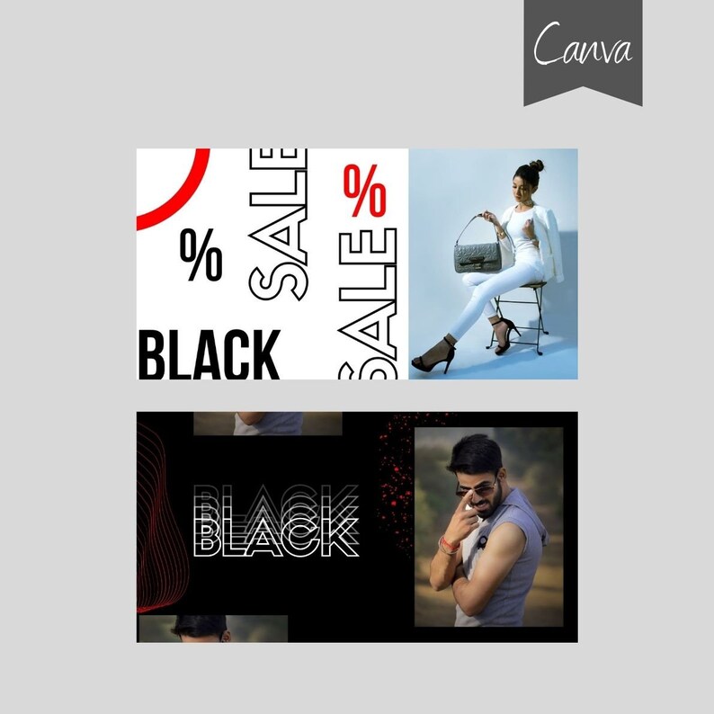 May include: Black Friday sale banner with the text "BLACK" and "SALE" in bold, white letters with a red percentage symbol. The banner is split into two sections, one with a woman wearing white jeans and a white jacket holding a black purse, and the other with a man wearing a grey tank top and sunglasses.