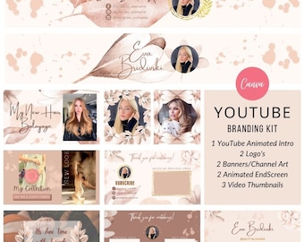 Kit de marca de YouTube en tonos pastel: plantillas de Canva, logotipo, banner y miniaturas