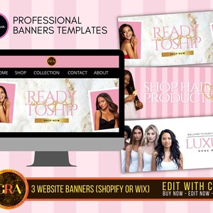 May include: Three website banners for a hair care business. The first banner is pink with white stripes and features the text "Ready to Ship" in gold lettering. The second banner is pink with white stripes and features the text "Shop Hair Products" in gold lettering. The third banner is pink with white stripes and features the text "Luxury Done Right!" in gold lettering.