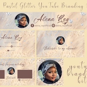YouTube-brandingkit met pastelglitter, YouTube-kanaalkit, YouTube-logo, banner, intro en outro, diamantkit, canva-sjabloon