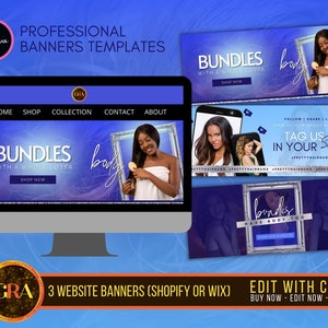 May include: A digital graphic design featuring website banner templates for hair bundles. The design includes a computer screen and mobile phone mockups, with text that reads "Bundles with a whole lotta body" and "Tag us in your selfies".