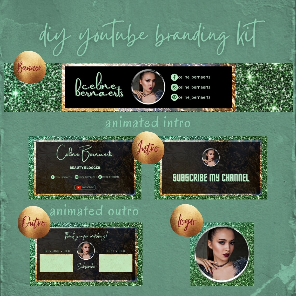 Green Glitter DIY Youtube Branding Kit Editable in Canva Youtube