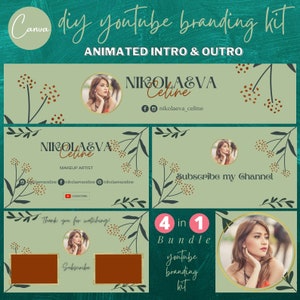 Groene bloemen DIY YouTube-kanaalkit bewerkbaar op canvas | YouTube-kanaalafbeeldingen, geanimeerde YouTube-intro en outro, logo | YouTube-brandingkit