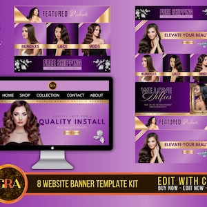 May include: Eight website banner templates for a hair extensions business. The banners feature a purple background with gold accents and images of women wearing hair extensions. The text on the banners includes "Featured Products", "Free Shipping", "Elevate Your Beauty", "Bundles", "Lace", "Wigs", "We Love Selfies", and "Edit With Canva".