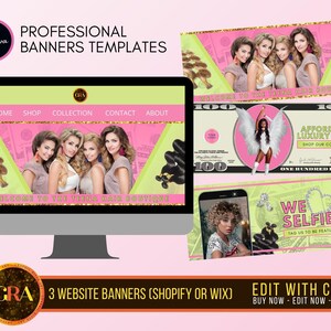 Shop Sale Website Banner, Shopify or Wix Web Slideshow Banner, Canva Editable Template, Dollar, Hair Extension, Selfies, Pink, Diamond