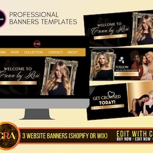 Può includere: Tre banner per siti web per un salone di parrucchiere chiamato "Crown by Rosi". I banner sono neri con accenti dorati e mostrano immagini di donne con capelli bellissimi. Il testo sui banner include "Benvenuti a Crown by Rosi", "Acquista prodotti", "Seguici su Instagram #CrownbyRosi", "Coronati oggi! Prenota un appuntamento", e "3 banner per siti web (Shopify o Wix) Modifica con Canva Acquista ora - Modifica ora - Usa ora".