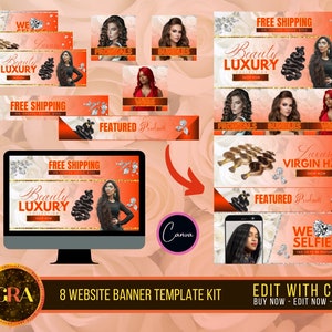DIY Orange Shopify Website Template Kit, Web Category, Header and Slideshow Banner, Canva Website Premade Banner, Bundle, Frontal, Hair, Wig