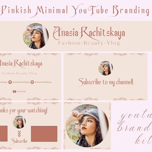 Minimalistische roze YouTube-brandingkit, eenvoudig bewerkbaar in canva-sjablonen | Deze kit bevat een geanimeerde intro en outro, YouTube-kanaalafbeeldingen