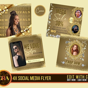 DIY 4 in One Social Media Flyer Template Kit, Business Instagram Flyer, Selfie Flyer, New Arrival Template, Mega Sale, Shop Now Canva Flyer