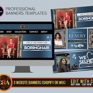 May include: Three website banners for a hair salon. The banners are blue with white text and feature images of women with long hair. The text on the banners reads "Life is too short for boring hair", "Experience Luxury", and "We ♥ Selfies".