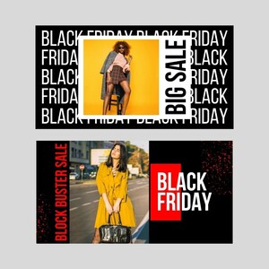 May include: Two images promoting a Black Friday sale. The top image features a woman wearing a plaid skirt and a black coat standing in front of a yellow background. The text "BIG SALE" is in a red box. The bottom image features a woman wearing a yellow coat and holding a black purse. The text "BLACK FRIDAY" is in a red box.