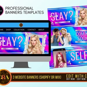 Neon Website Banner Template: Shopify or Wix, Editable Canva Slideshow (Digital Download)