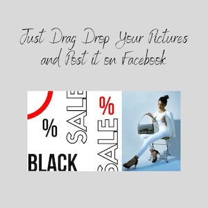 May include: Black Friday sale graphic with the text "BLACK" and "SALE" in bold black letters with red percentage signs. A woman is sitting on a chair holding a gray handbag.