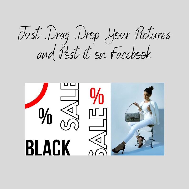 May include: Black Friday sale graphic with the text "BLACK" and "SALE" in bold black letters with red percentage signs. A woman is sitting on a chair holding a gray handbag.