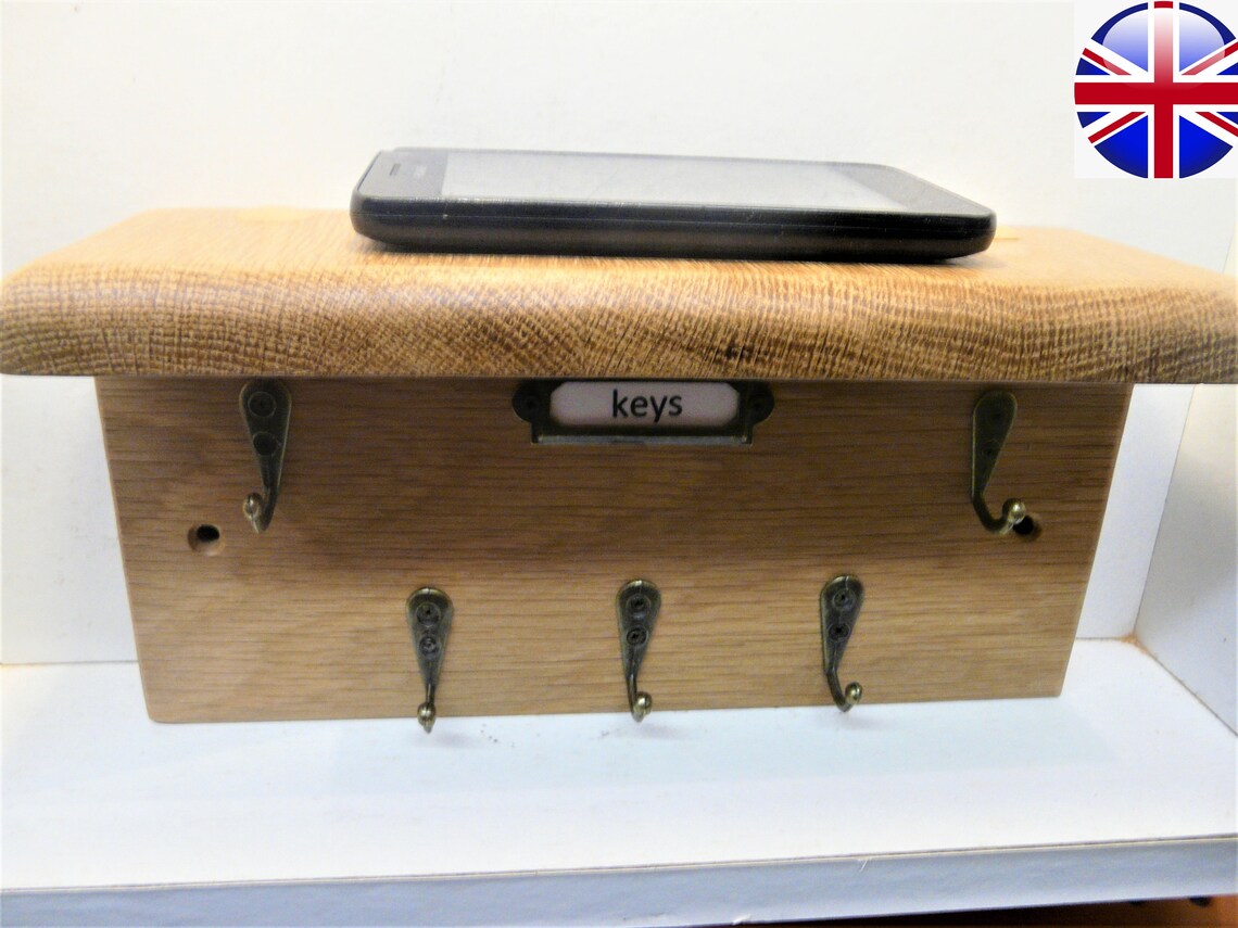 Oak five hook key holder / rack with handy shelf for phone or Etsy