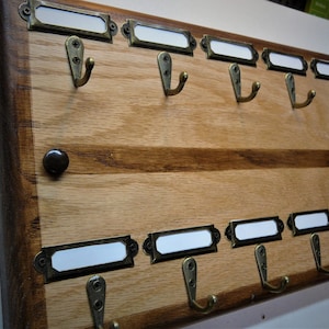 Large ten hook oak key rack holder with label frames wall mounted