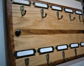 Large ten hook oak key rack holder with label frames wall mounted