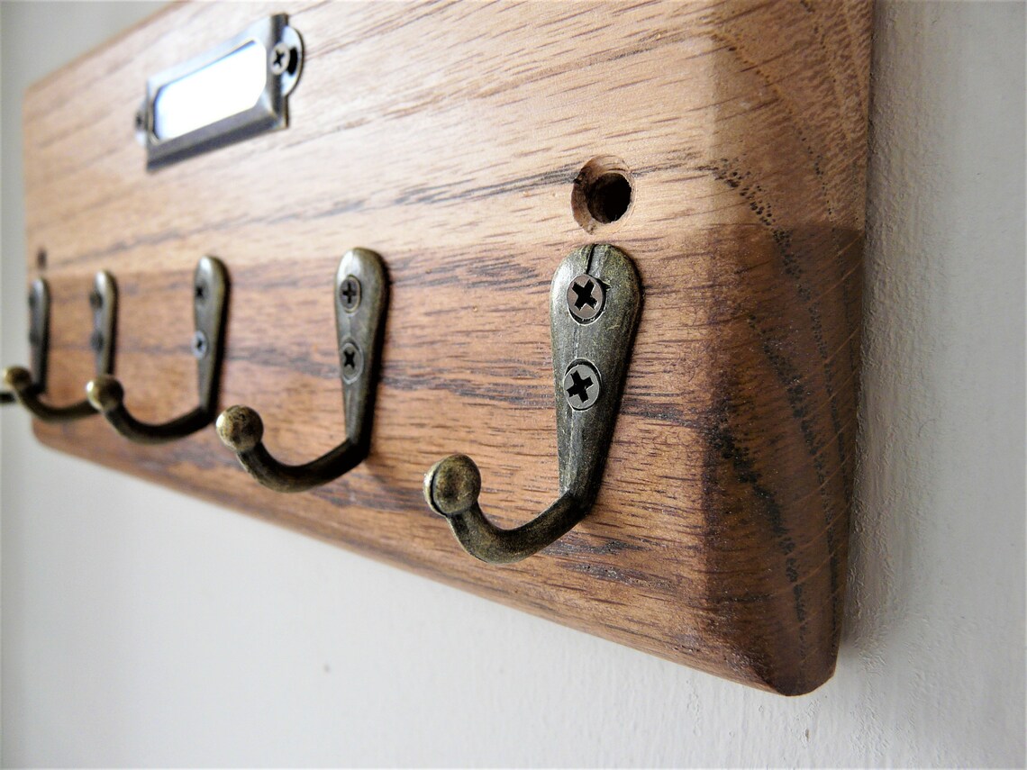 Solid oak key rack fitted with five antique brass hooks classy Etsy