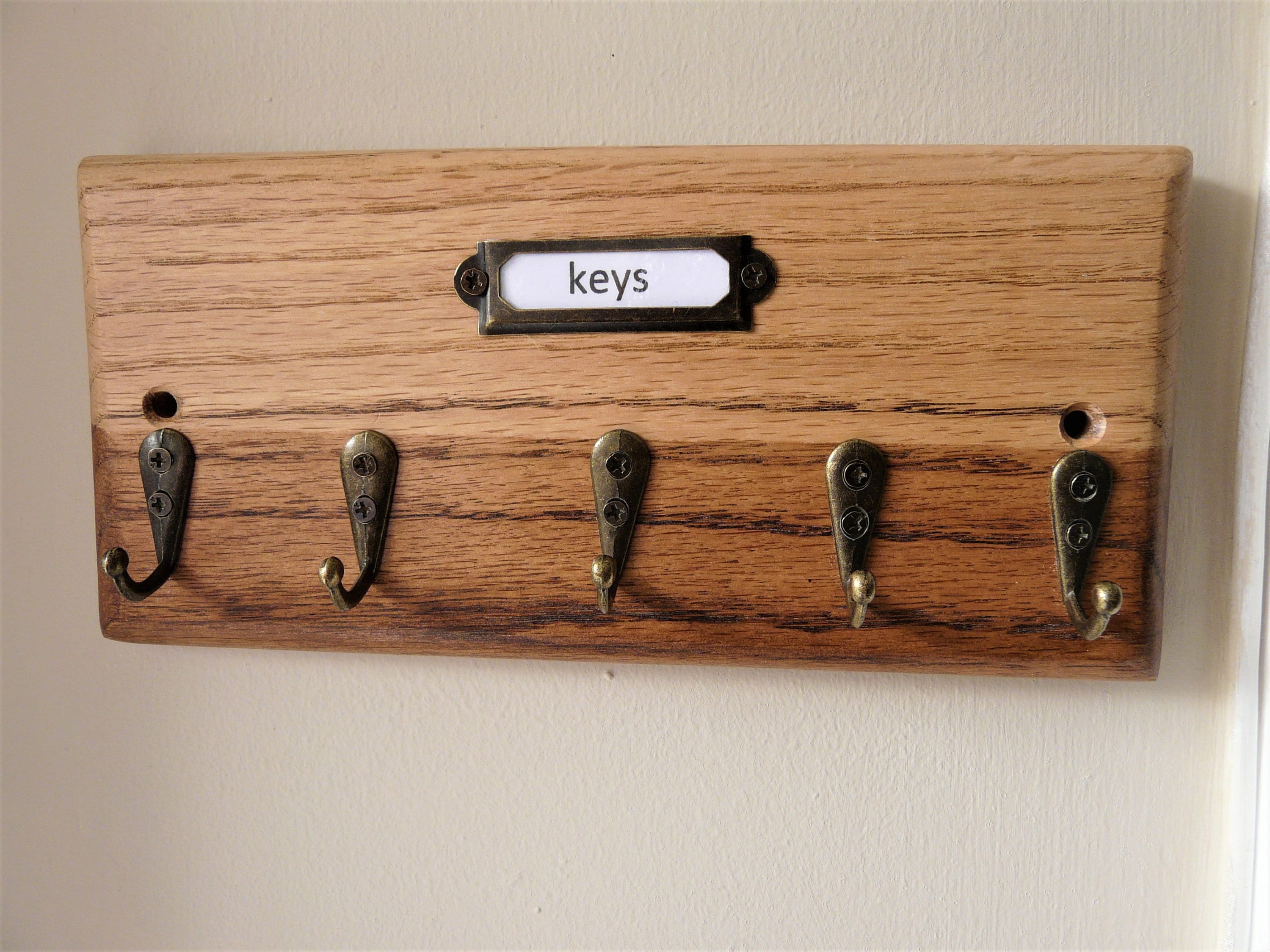 Solid oak key rack fitted with five antique brass hooks classy Etsy