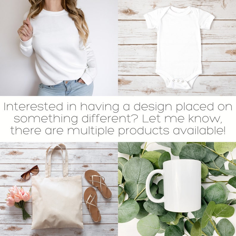 Op de afbeelding: Een collage van vier afbeeldingen die blanco witte producten laten zien die kunnen worden gepersonaliseerd. De afbeelding linksboven toont een wit sweatshirt op een persoon. De afbeelding rechtsboven toont een witte baby romper op een houten oppervlak. De afbeelding linksonder toont een witte tote bag met sandalen op een houten oppervlak. De afbeelding rechtsonder toont een witte koffiemok op een groen bladerig oppervlak.