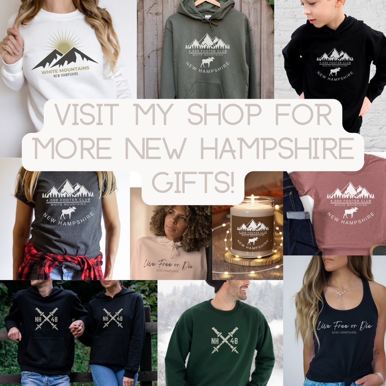 Op de afbeelding: Een collage van verschillende kleding en geschenken met een New Hampshire-thema. De artikelen omvatten T-shirts, sweatshirts, hoodies, een kaars en een tanktop. De ontwerpen bevatten het motto van de staat "Live Free or Die", de White Mountains en de afkorting van de staat "NH 48".