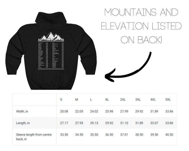 Op de afbeelding: Zwart hoodie met een witte afbeelding van bergen en een lijst met bergen en hun hoogtes. De tekst "MOUNTAINS AND ELEVATION LISTED ON BACK" is boven de afbeelding gedrukt. Een maattabel is inbegrepen met metingen in inches.