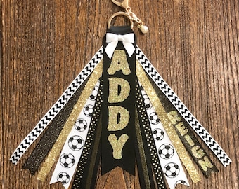 Personalized RIBBON KEYCHAIN Bag Tassel - name key ring/tag/zipper pull/purse charm (Soccer) ... all team colors/sports available!