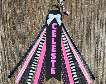 Personalized RIBBON KEYCHAIN - name key ring/bag tag/zipper pull/purse charm (Pink, Black & Silver) ... All colors/sports!