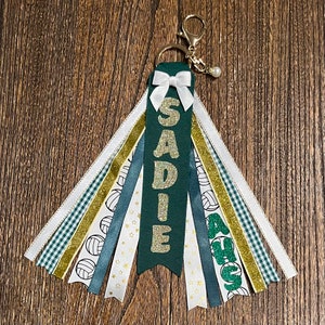Personalized RIBBON KEYCHAIN - name key ring/bag tag/zipper pull/purse charm (Hunter Green & Gold) ... All colors/sports!