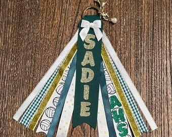 Personalized RIBBON KEYCHAIN - name key ring/bag tag/zipper pull/purse charm (Hunter Green & Gold) ... All colors/sports!