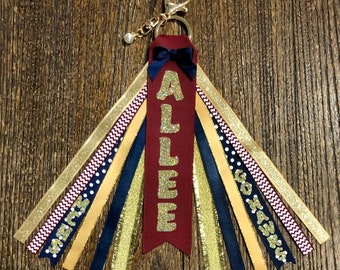 Personalized RIBBON KEYCHAIN Bag Tassel - name key ring/tag/zipper pull/purse charm (Navy Blue & Burgundy/Maroon ) All colors/sports!