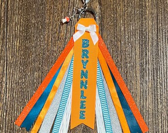 Personalized RIBBON KEYCHAIN Bag Tassel - name key ring/tag/zipper pull/purse charm (Teal & Orange) All colors/sports!