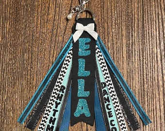 Personalized RIBBON KEYCHAIN - name key ring/bag tag/zipper pull/purse charm (Teal Green, Black & Silver) ... All colors/sports!