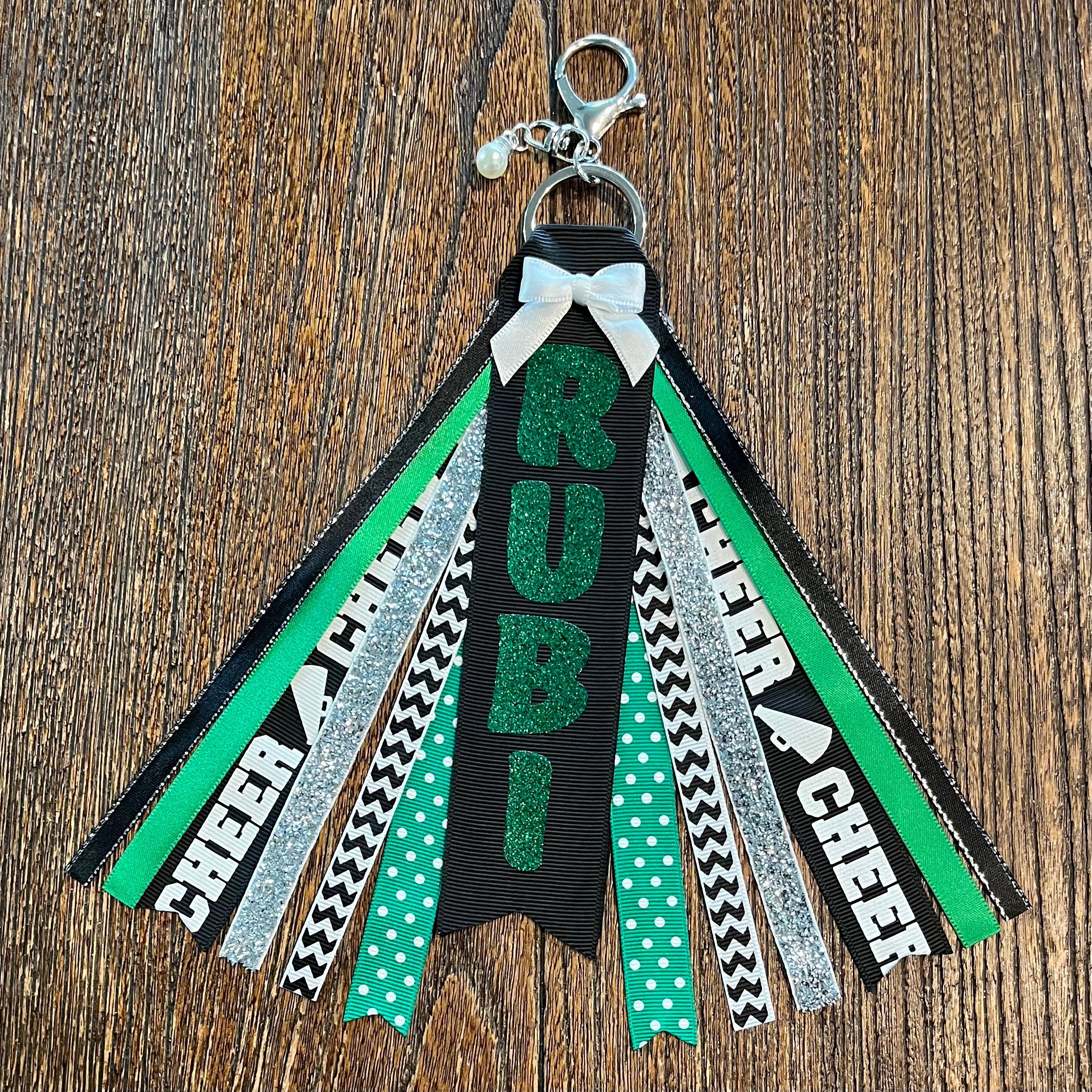 Personalized RIBBON KEYCHAIN Bag Tassel - name key ring/tag/zipper pull/purse charm (Kelly Green, Black & Silver) All colors/sports!