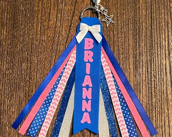 Personalized RIBBON KEYCHAIN Bag Tassel - name key ring/tag/zipper pull/purse charm (Hot Pink  & Royal/Navy Blue All colors/sports!