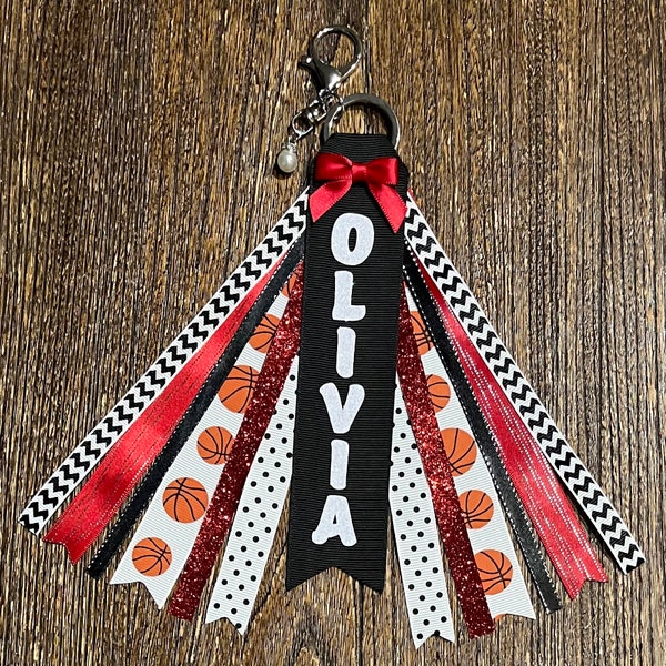 Personalized RIBBON KEYCHAIN - name key ring/bag tag/zipper pull/purse charm (Basketball) ... all team colors/sports available!