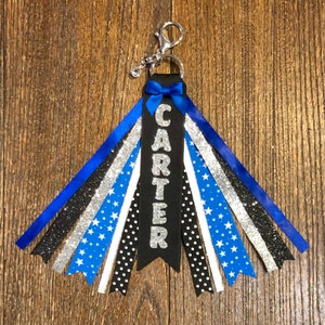 Personalized RIBBON KEYCHAIN - name key ring/bag tag/zipper pull/purse charm (Royal Blue, Black & Silver) ... All colors/sports!