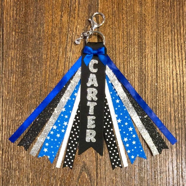 Personalized RIBBON KEYCHAIN Bag Tassel - name key ring/tag/zipper pull/purse charm (Royal Blue, Black & Silver) All colors/sports!