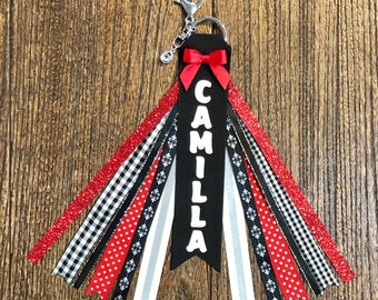 Personalized RIBBON KEYCHAIN - name key ring/bag tag/zipper pull/purse charm (Red, Black & Silver) ... All colors/sports!