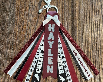 Personalized RIBBON KEYCHAIN - name key ring/bag tag/zipper pull/purse charm (Burgundy/Maroon, Black & Silver) ... All colors/sports!