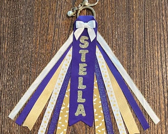 Personalized RIBBON KEYCHAIN Bag Tassel - name key ring/tag/zipper pull/purse charm (Purple, Black & Gold) All colors/sports!