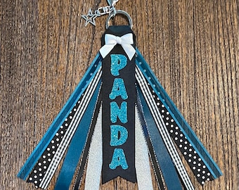 Personalized RIBBON KEYCHAIN Bag Tassel - name key ring/tag/zipper pull/purse charm (Teal Green, Black & Silver) All colors/sports!