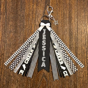 Personalized RIBBON KEYCHAIN Bag Tassel - name key ring/tag/zipper pull/purse charm (Black, White & Silver) All colors/sports!
