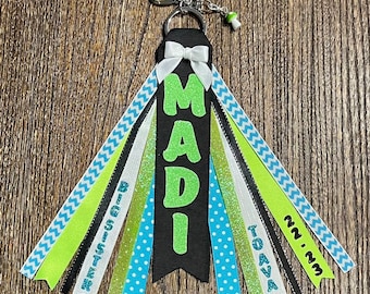Personalized RIBBON KEYCHAIN Bag Tassel - name key ring/tag/zipper pull/purse charm (Turquoise/Aqua Blue & Neon/Lime Green) All sports!