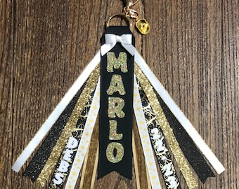 Personalized RIBBON KEYCHAIN - name key ring/bag tag/zipper pull/purse charm (Gold & Black) ... All colors/sports!