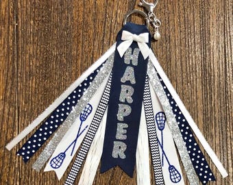 Personalized RIBBON KEYCHAIN Bag Tassel - name key ring/tag/zipper pull/purse charm (Lacrosse Field Hockey) All colors/sports!